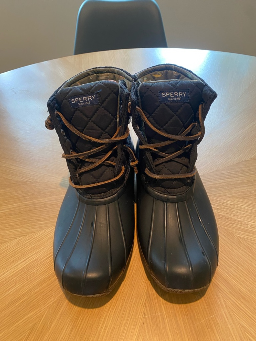 Sperry Black Quilted Duck Boots with Brown Laces
